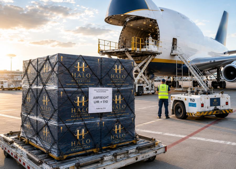 A netted pallet of Halo cartons on a dolly, labelled for London Heathrow to Sydney, beside a freighter loading through its nose door