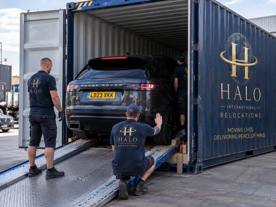 A Halo crew guiding a car up a ramp into a shipping container on skates and timber bracing