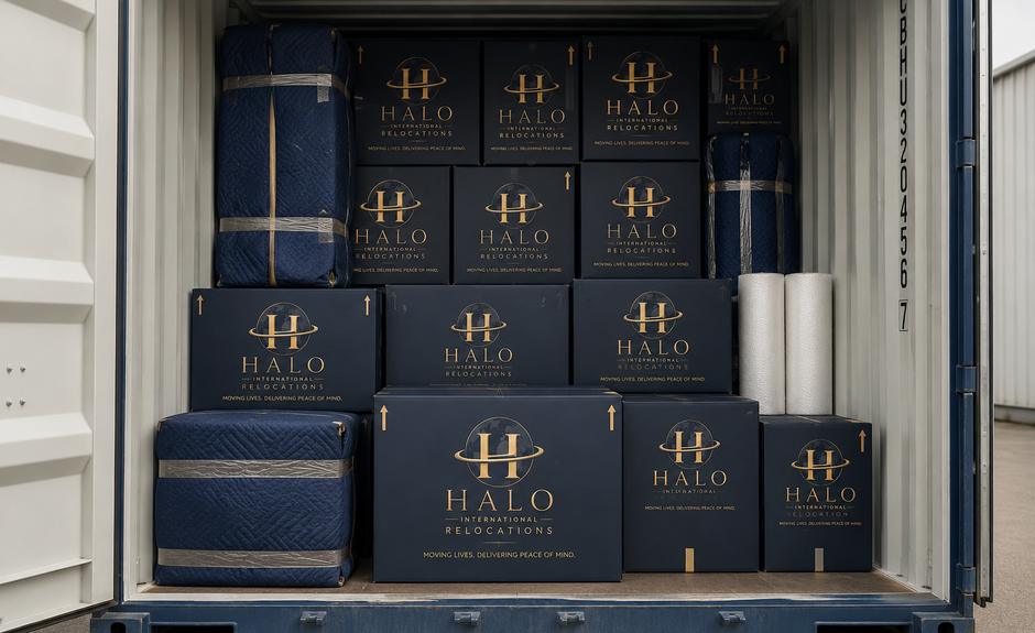 A shipping container loaded with Halo cartons and quilt-wrapped furniture, ready to be sealed