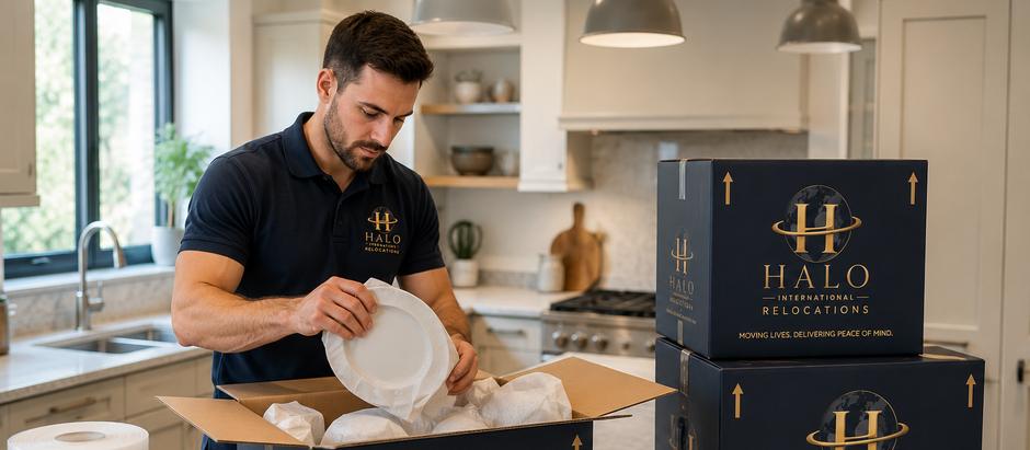 A Halo packer wrapping china in a customer's kitchen beside branded export cartons