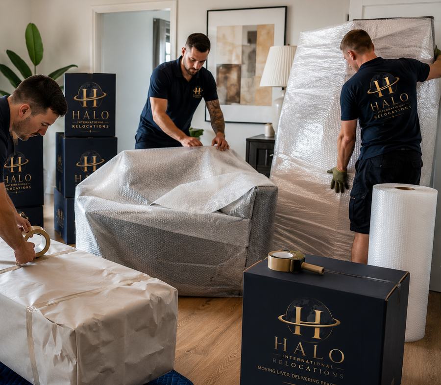 A Halo crew export-wrapping a sofa and taping branded cartons in a customer's living room