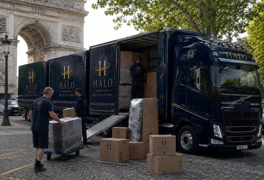 A Halo crew loading cartons and wrapped furniture into a lorry on a Paris street
