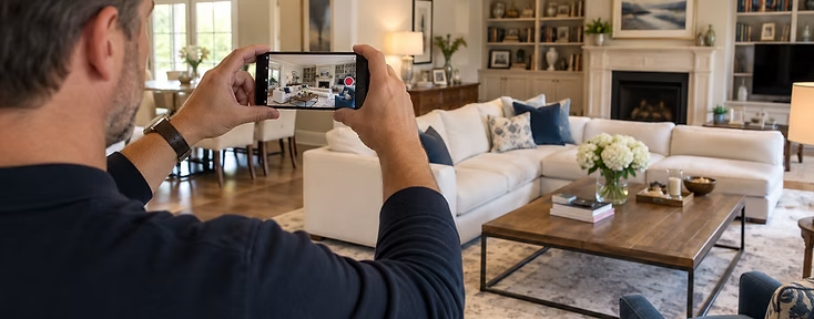 A customer filming their living room on a phone during a Halo AI video survey